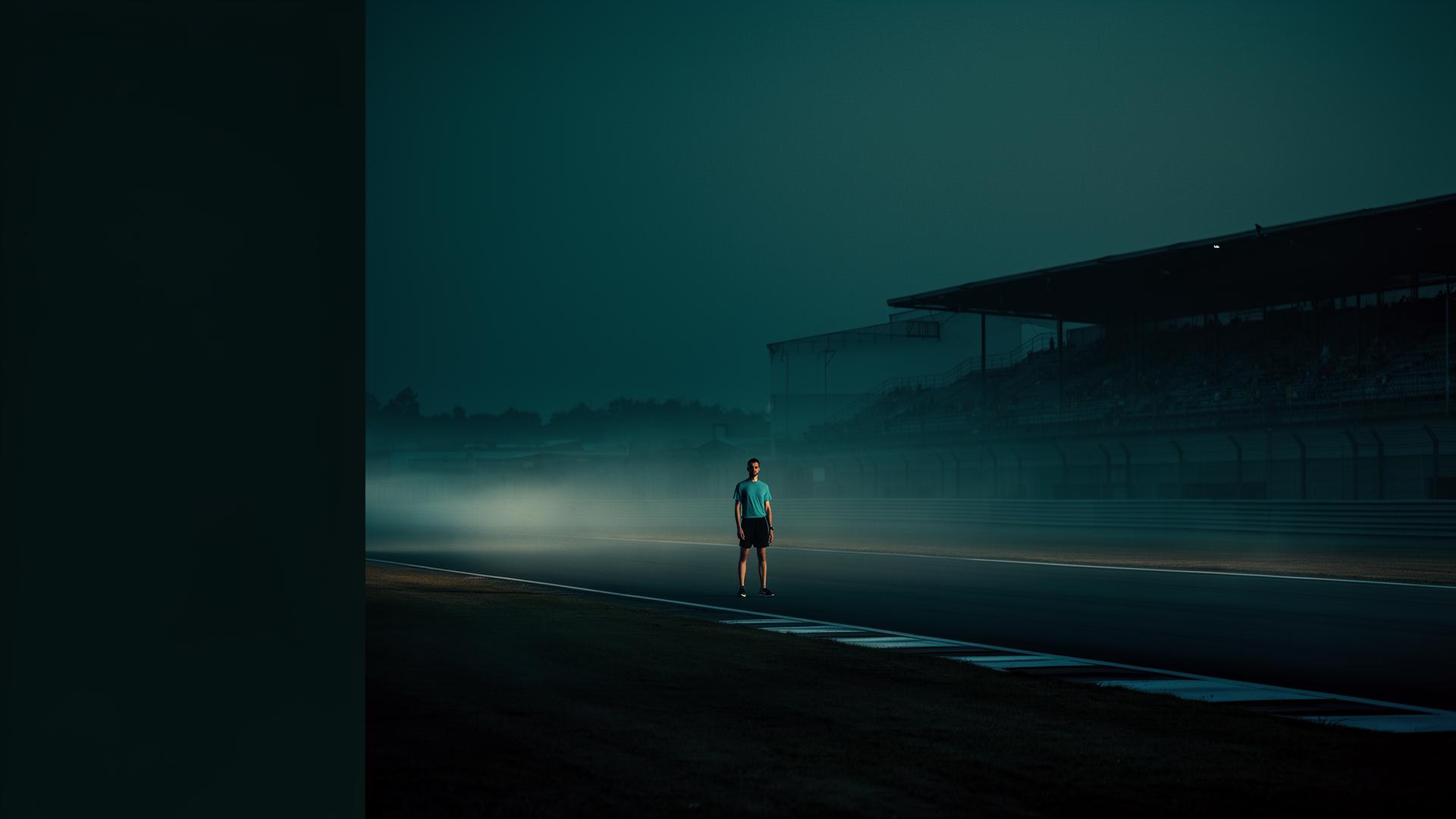 Lone athlete on an empty racing circuit at dawn